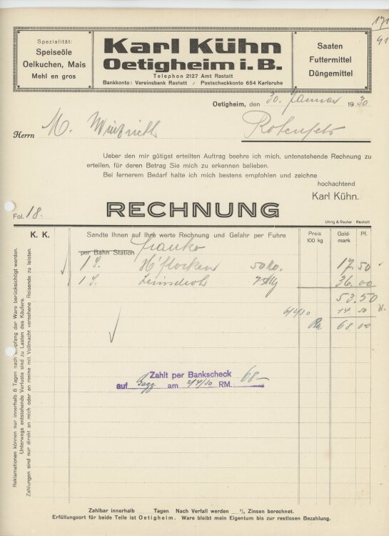 Firma M. Winzrieth (Kaufhaus)an Karl Kühn- Rechnung - 30.01.1930