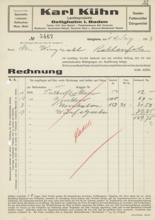 Firma M. Winzrieth (Kaufhaus)an Karl Kühn- Rechnung...