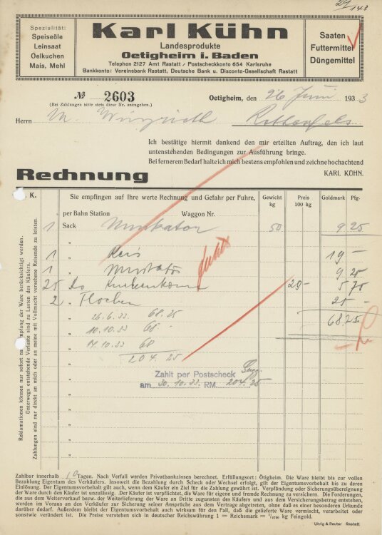 Firma M. Winzrieth (Kaufhaus)an Karl Kühn- Rechnung...