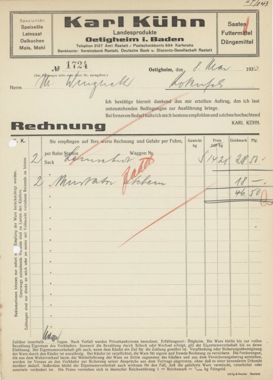 Firma M. Winzrieth (Kaufhaus)an Karl Kühn- Rechnung - 08.05.1933