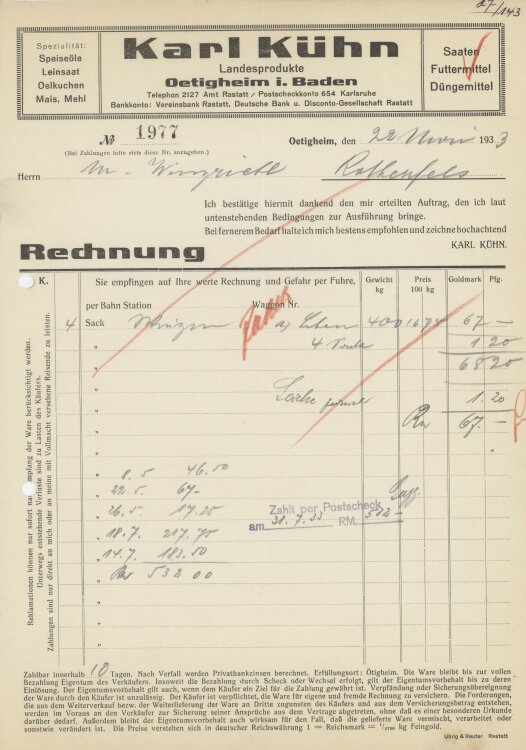 Firma M. Winzrieth (Kaufhaus)an Karl Kühn- Rechnung...