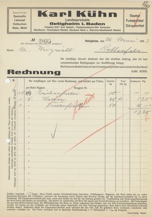 Firma M. Winzrieth (Kaufhaus)an Karl Kühn- Rechnung - 26.05.1933