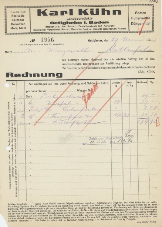 Firma M. Winzrieth (Kaufhaus)an Karl Kühn- Rechnung - 29.05.1933