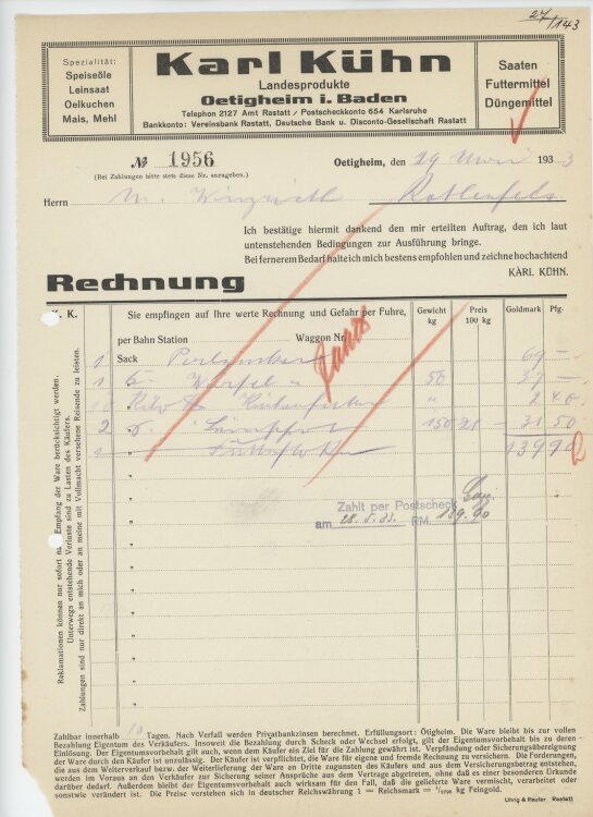 Firma M. Winzrieth (Kaufhaus)an Karl Kühn- Rechnung...