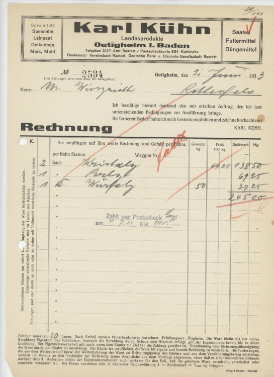 Firma M. Winzrieth (Kaufhaus)an Karl Kühn- Rechnung - 21.06.1933