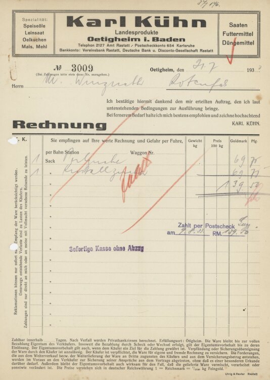 Firma M. Winzrieth (Kaufhaus)an Karl Kühn- Rechnung - 21.07.1930