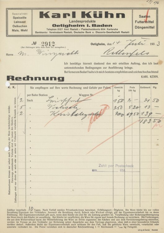 Firma M. Winzrieth (Kaufhaus)an Karl Kühn- Rechnung...