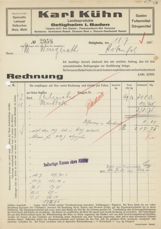 Firma M. Winzrieth (Kaufhaus)an Karl Kühn- Rechnung - 18.07.1933