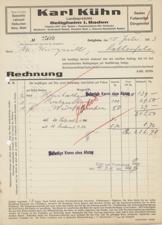 Firma M. Winzrieth (Kaufhaus)an Karl Kühn- Rechnung...