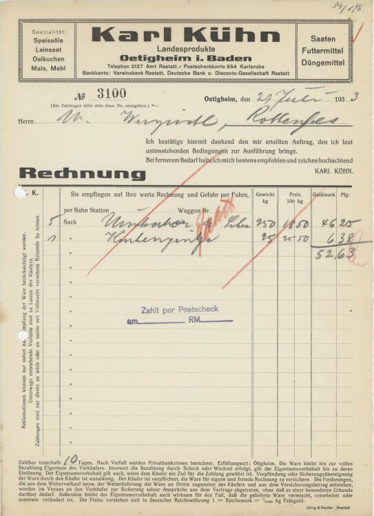 Firma M. Winzrieth (Kaufhaus)an Karl Kühn- Rechnung...