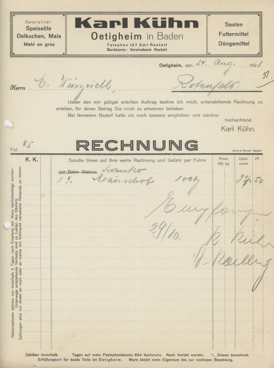 Firma M. Winzrieth (Kaufhaus)an Karl Kühn- Rechnung - 24.08.1928