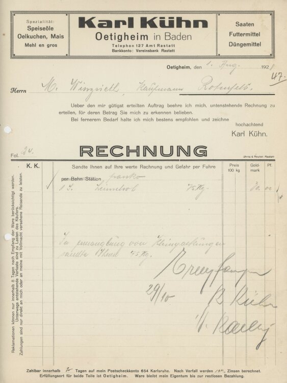 Firma M. Winzrieth (Kaufhaus)an Karl Kühn- Rechnung...