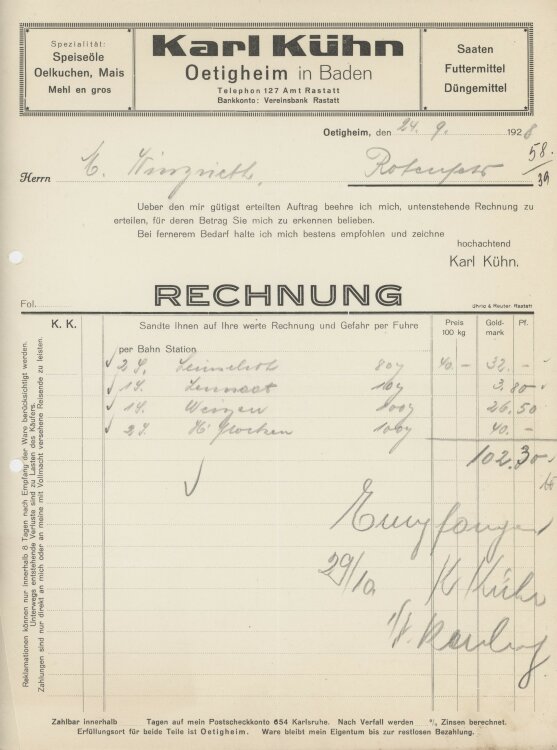 Firma M. Winzrieth (Kaufhaus)an Karl Kühn- Rechnung...