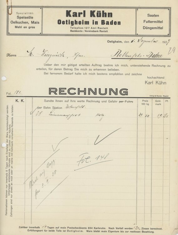 Firma M. Winzrieth (Kaufhaus)an Karl Kühn- Rechnung - 06.12.1927