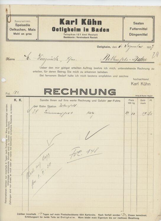 Firma M. Winzrieth (Kaufhaus)an Karl Kühn- Rechnung - 06.12.1927