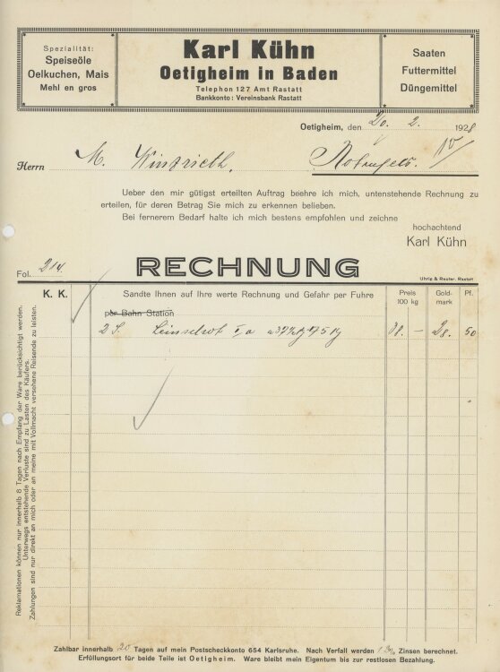 Firma M. Winzrieth (Kaufhaus)an Karl Kühn- Rechnung - 20.02.1928