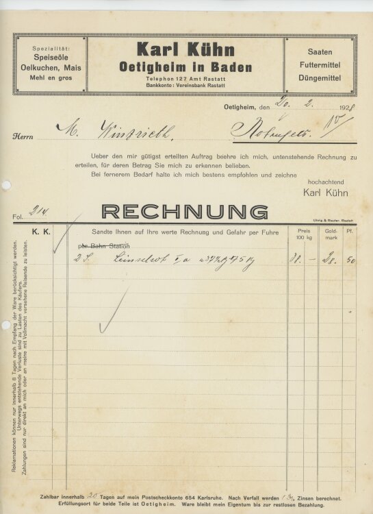 Firma M. Winzrieth (Kaufhaus)an Karl Kühn- Rechnung - 20.02.1928