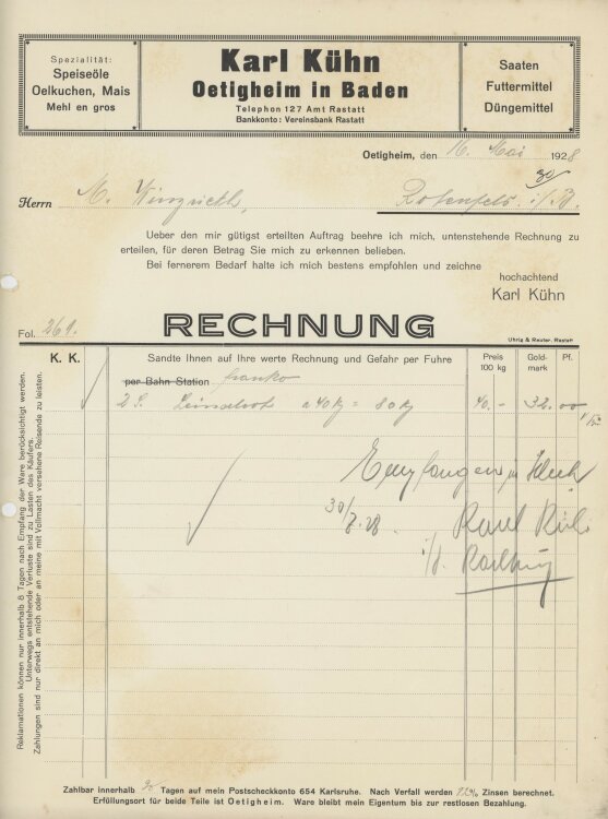 Firma M. Winzrieth (Kaufhaus)an Karl Kühn- Rechnung - 16.05.1928