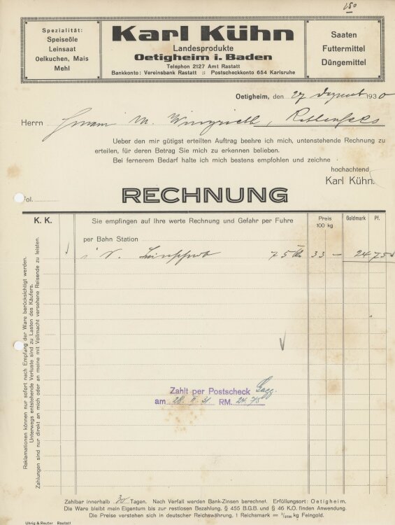 Firma M. Winzrieth (Kaufhaus)an Karl Kühn- Rechnung - 27.12.1930