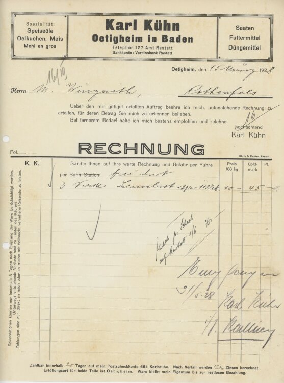 Firma M. Winzrieth (Kaufhaus)an Karl Kühn- Rechnung - 15.03.1928