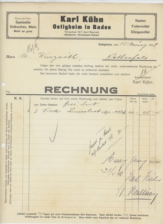 Firma M. Winzrieth (Kaufhaus)an Karl Kühn- Rechnung - 15.03.1928