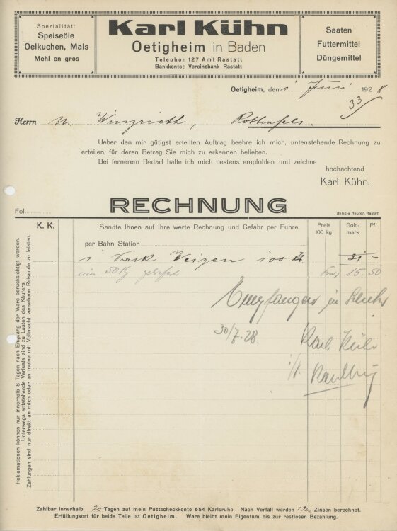 Firma M. Winzrieth (Kaufhaus)an Karl Kühn- Rechnung - 01.06.1928