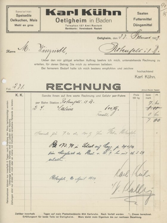 Firma M. Winzrieth (Kaufhaus)an Karl Kühn- Rechnung - 30.02.1929