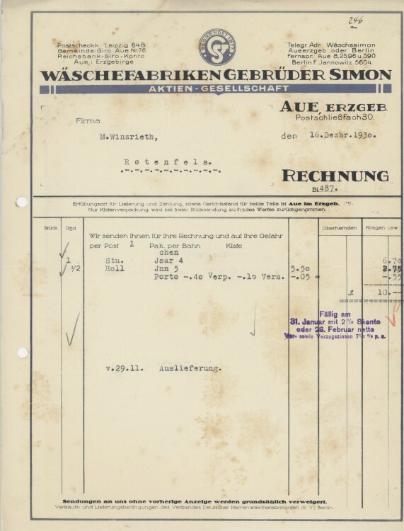 Firma M. Winzrieth (Kaufhaus)an Wäschefabriken Gebrüder Simon- Rechnung - 16.12.1930