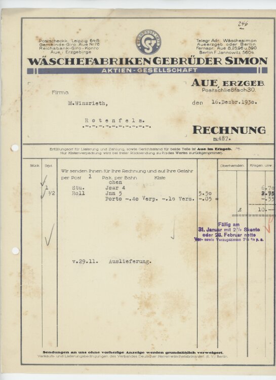 Firma M. Winzrieth (Kaufhaus)an Wäschefabriken Gebrüder Simon- Rechnung - 16.12.1930