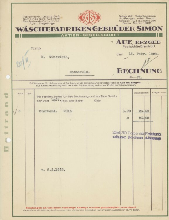 Firma M. Winzrieth (Kaufhaus)an Wäschefabriken Gebrüder Simon- Rechnung - 16.02.1928