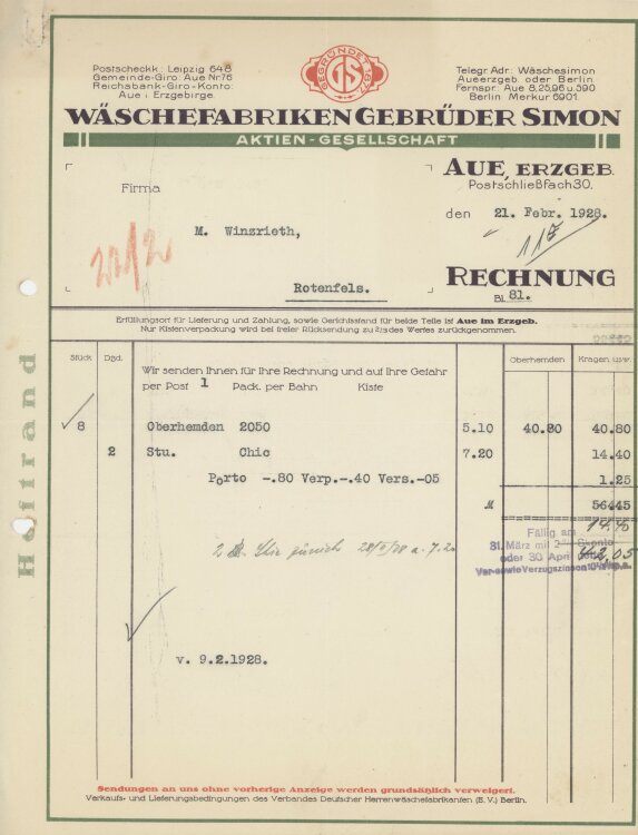 Firma M. Winzrieth (Kaufhaus)an Wäschefabriken Gebrüder Simon- Rechnung - 21.02.1928