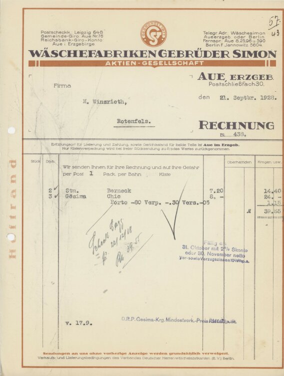 Firma M. Winzrieth (Kaufhaus)an Wäschefabriken Gebrüder Simon- Rechnung - 21.09.1928