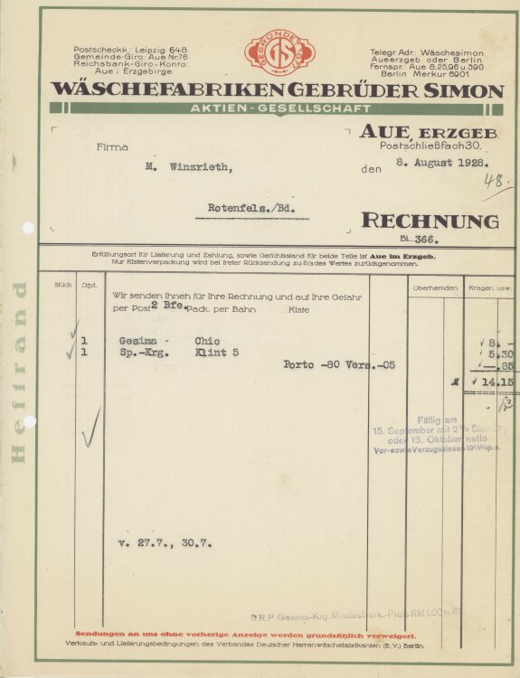 Firma M. Winzrieth (Kaufhaus)an Wäschefabriken Gebrüder Simon- Rechnung - 08.08.1928