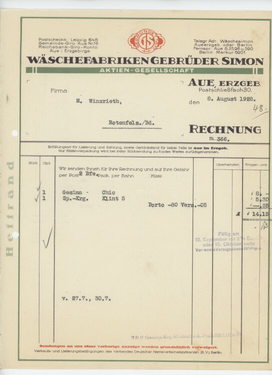 Firma M. Winzrieth (Kaufhaus)an Wäschefabriken...