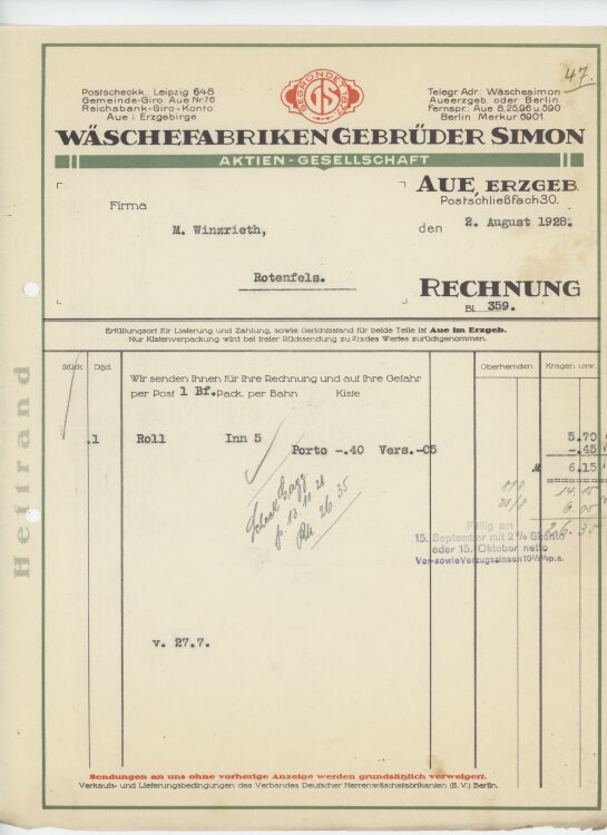 Firma M. Winzrieth (Kaufhaus)an Wäschefabriken...