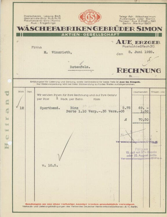 Firma M. Winzrieth (Kaufhaus)an Wäschefabriken Gebrüder Simon- Rechnung - 08.06.1928