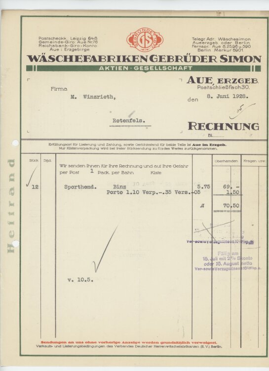 Firma M. Winzrieth (Kaufhaus)an Wäschefabriken Gebrüder Simon- Rechnung - 08.06.1928