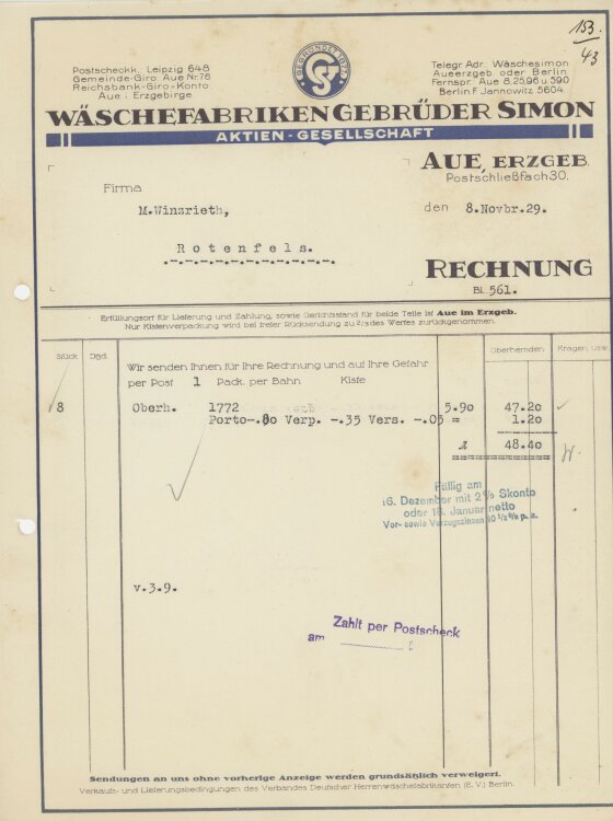 Firma M. Winzrieth (Kaufhaus)an Wäschefabriken Gebrüder Simon- Rechnung - 08.11.1929