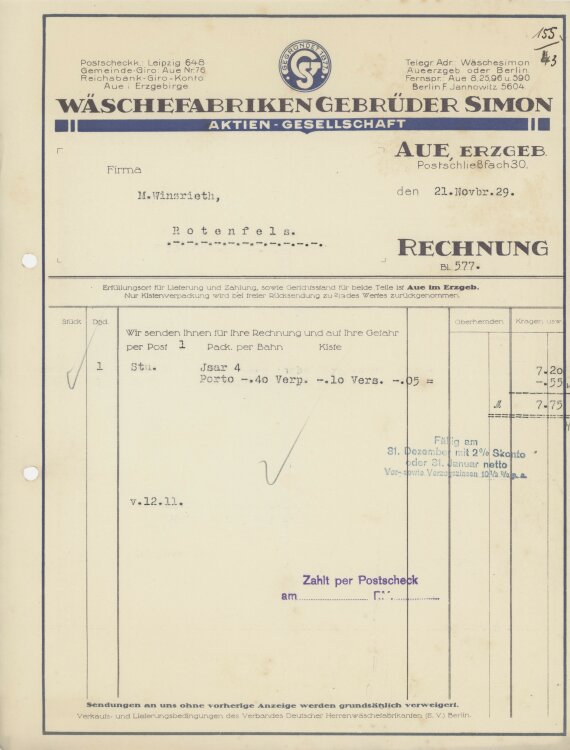 Firma M. Winzrieth (Kaufhaus)an Wäschefabriken Gebrüder Simon- Rechnung - 21.11.1929