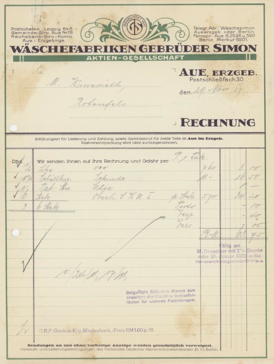 Firma M. Winzrieth (Kaufhaus)an Wäschefabriken Gebrüder Simon- Rechnung - 29.11.1927