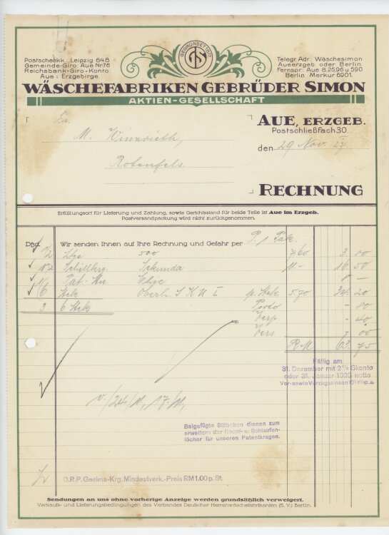 Firma M. Winzrieth (Kaufhaus)an Wäschefabriken Gebrüder Simon- Rechnung - 29.11.1927