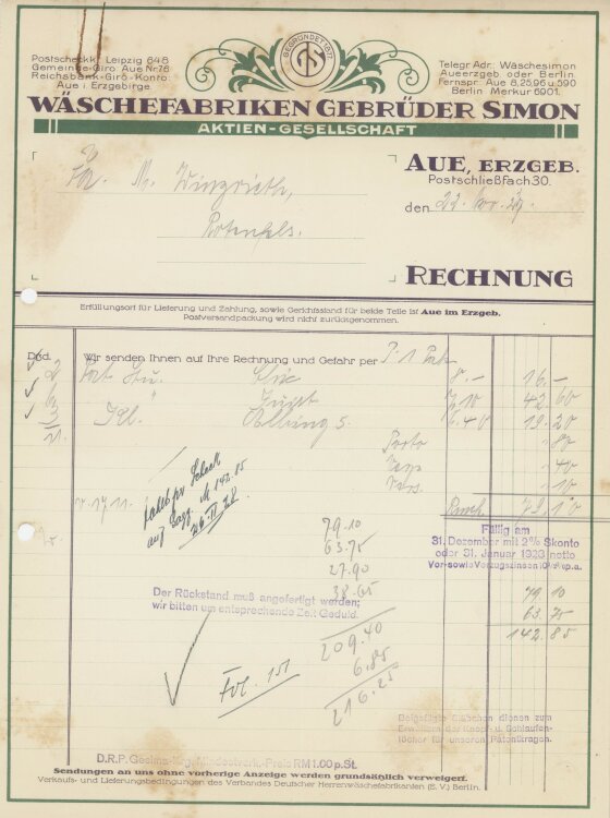 Firma M. Winzrieth (Kaufhaus)an Wäschefabriken Gebrüder Simon- Rechnung - 22.02.1927