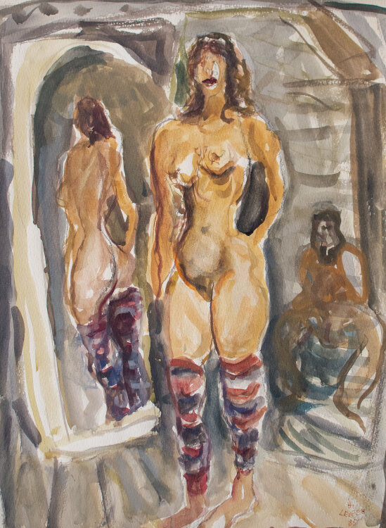 Horst Leifer - Frauenakt nebst Spiegel - 1985 - Aquarell über Bleistift auf Papier