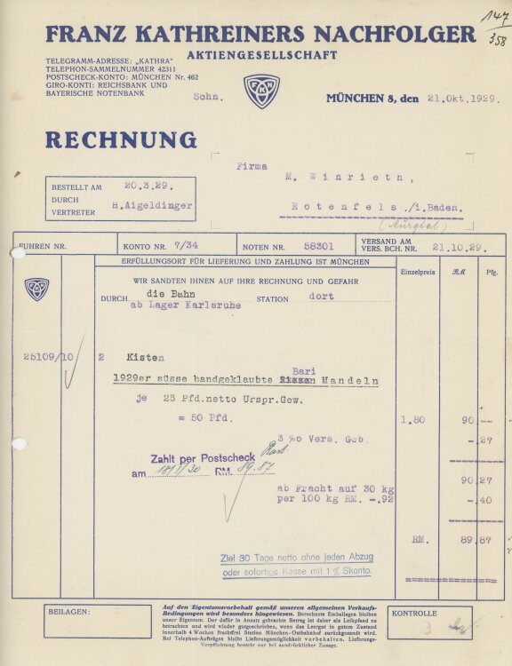 Firma M. Winzrieth (Kaufhaus)an Franz Kathreiners...