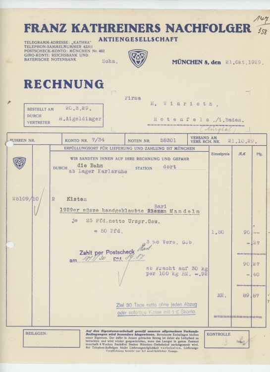 Firma M. Winzrieth (Kaufhaus)an Franz Kathreiners Nachfolger- Rechnung - 21.10.1929