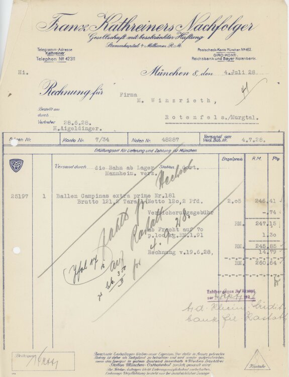 Firma M. Winzrieth (Kaufhaus)an Franz Kathreiners Nachfolger- Rechnung - 04.07.1929