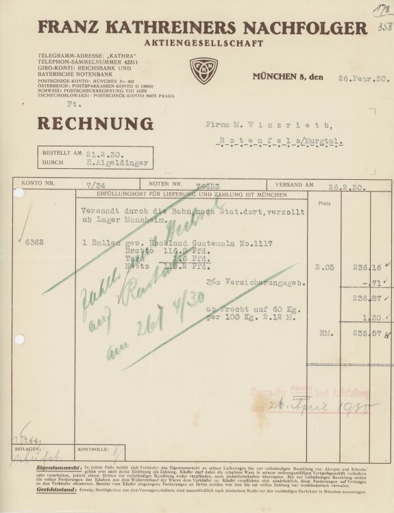 Firma M. Winzrieth (Kaufhaus)an Franz Kathreiners...