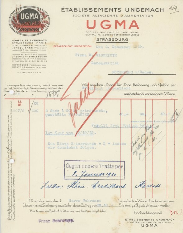 Firma M. Winzrieth (Kaufhaus)an Établissements Ungemach Société Alsacienne dAlimentation- Rechnung - 02.12.1929