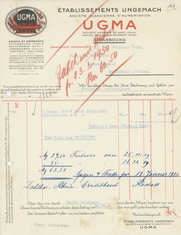 Firma M. Winzrieth (Kaufhaus)an Établissements Ungemach Société Alsacienne dAlimentation- Rechnung - 13.12.1929