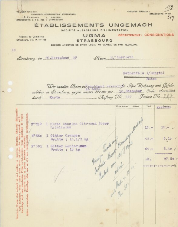 Firma M. Winzrieth (Kaufhaus)an Établissements Ungemach Société Alsacienne dAlimentation- Rechnung - 25.11.1929